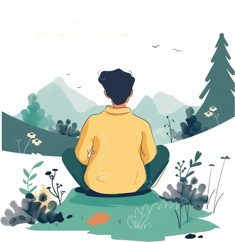 An illustration of a man sitting in a peaceful outdoor setting